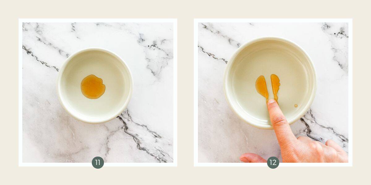 Two images side by side checking if jam is done. One a blob of cumquat jam on a plate and the second and finger running through it.