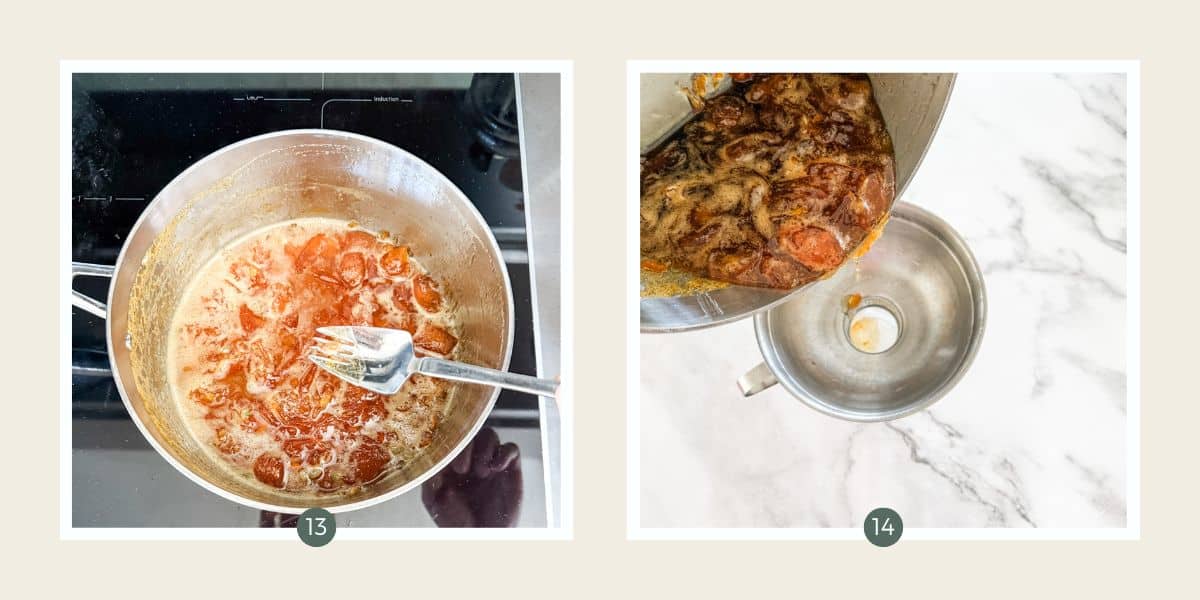 Two images together - One pot of cumquat jam with the pips being scooped out with a splade & jam being poured through a stainless steel funnel into a glass jar.