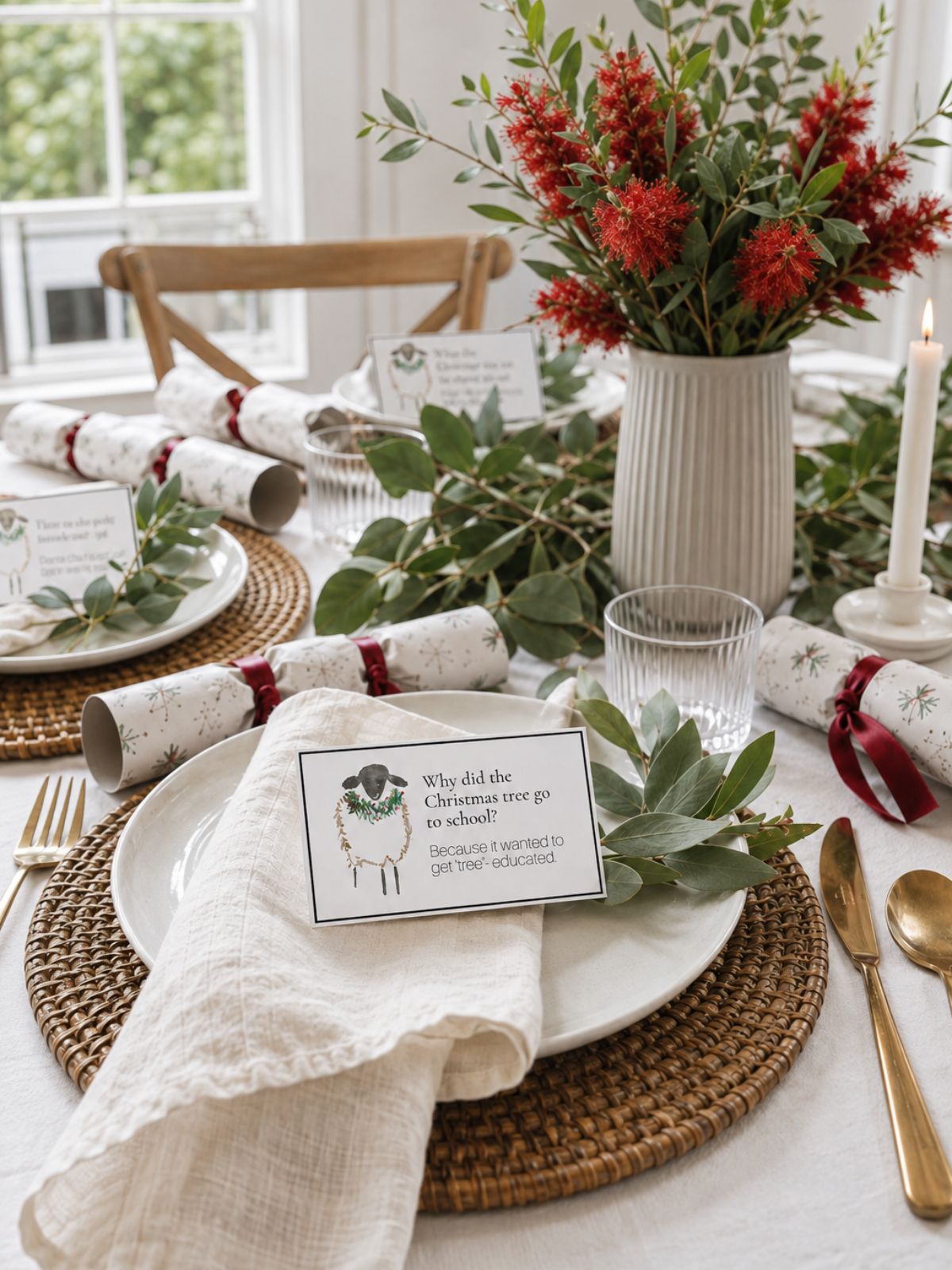 Printable Christmas cracker joke on place setting on a Christmas table.