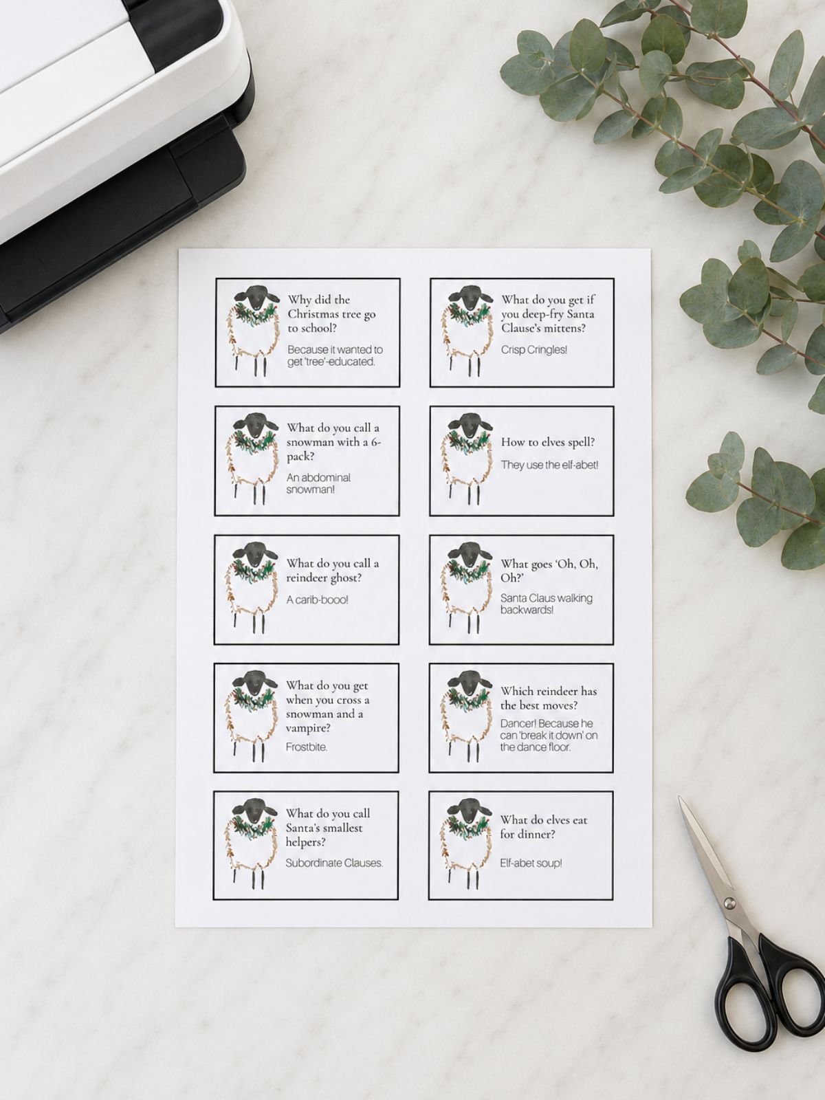 Printed sheet of Christmas cracker jokes for kids.