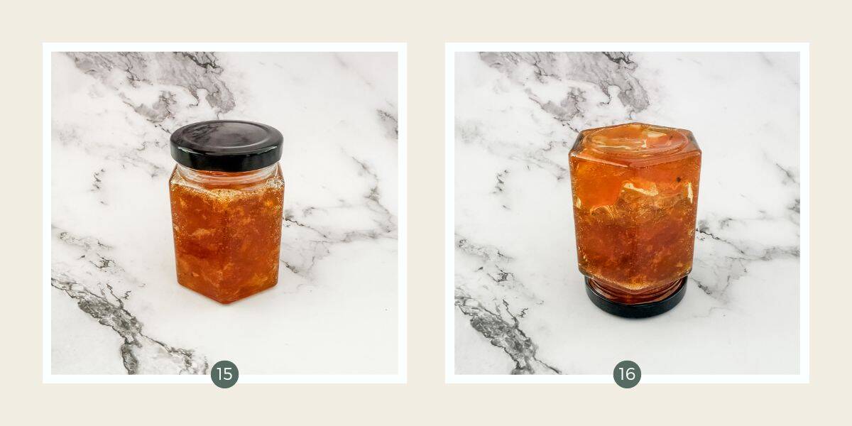 Two images together - one of a glass jar of cumquat jam with a black lid on a white marble background. The other the jar is turned upside down.