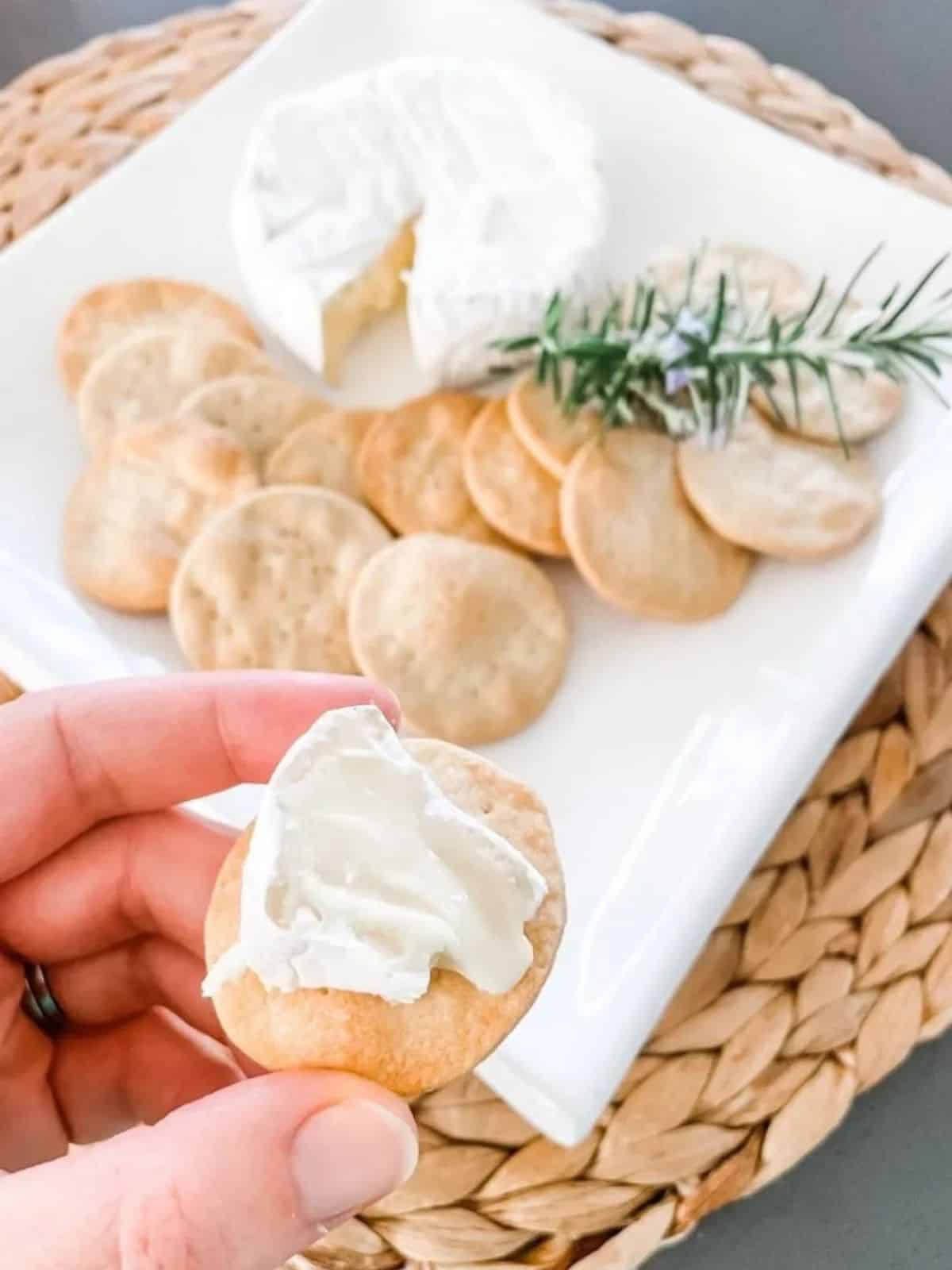 Homemade water cracker biscuit topped with white brie cheese in a white hand. In the background is a square white plate with more crackers and rosemary.