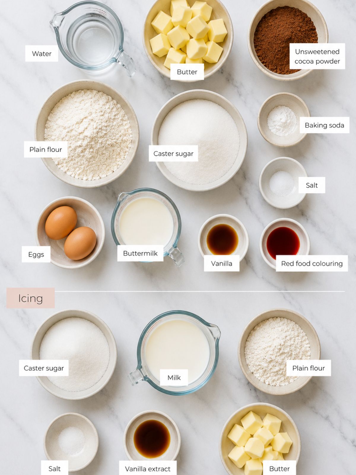 Ingredients in Best Red velvet cake with buttercream icing (frosting) - bowls with sugar, flour, cacao & more to make the cake.