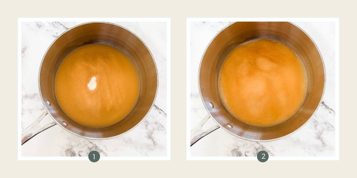 Orange juice and gelatine in stainless steel saucepan making homemade jellies or gummies.