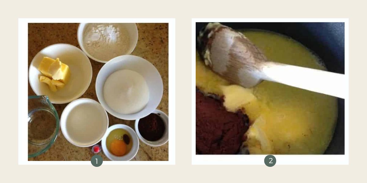 Ingredients for making red velvet cake with buttercream icing and melting the butter and cocoa in a saucepan.
