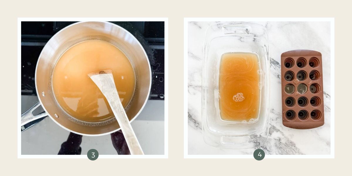 Heating orange juice and gelatine over an electric stove in a stainless steel saucepan and pouring the jelly gummy mixture into a glass tin and mould. 