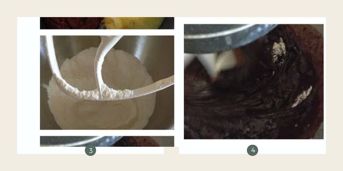 Making red velvet cake with buttercream icing. Adding the egg and whisking in dry ingredients with an electric mixer.