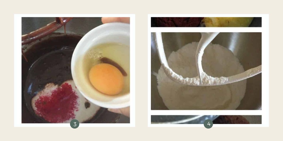 Making red velvet cake with buttercream icing. Adding the egg and whisking in dry ingredients with an electric mixer.