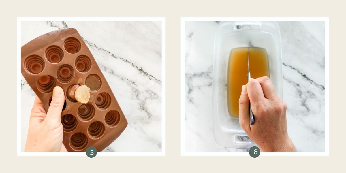 Removing orange jelly lollies from jelly mould and cutting them in a glass loaf tin. 