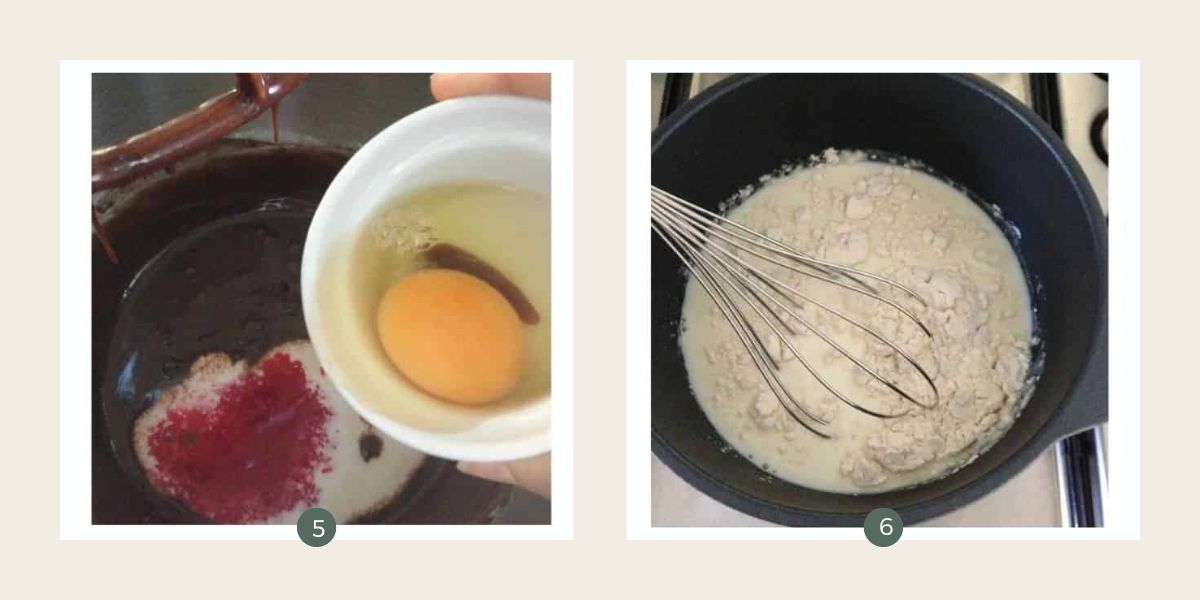 Whisking the cake batter in an electric mixer to make red velvet chocolate cake.