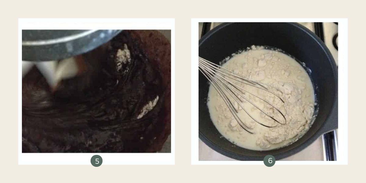 Whisking the cake batter in an electric mixer to make red velvet chocolate cake.