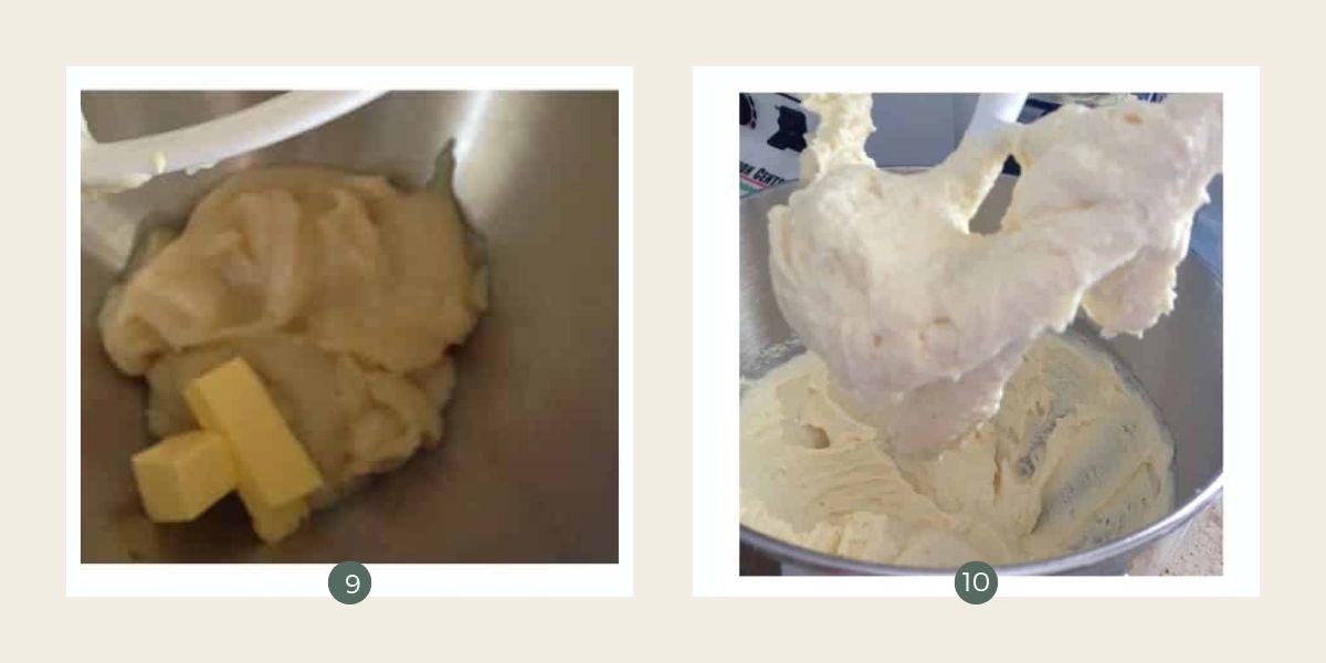 Whipping American buttercream frosting in an electric mixer for red velvet chocolate cake.