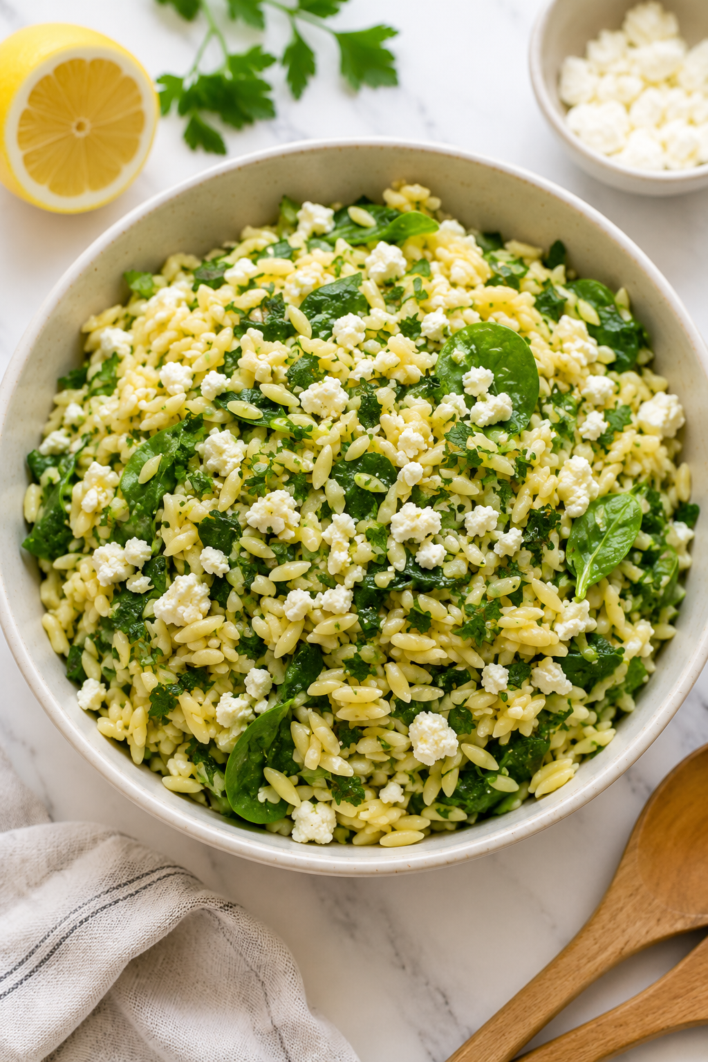 Easy Lemon Orzo (Risoni) Salad: Quick Pasta Side in a white bowl on a white marble bench top.