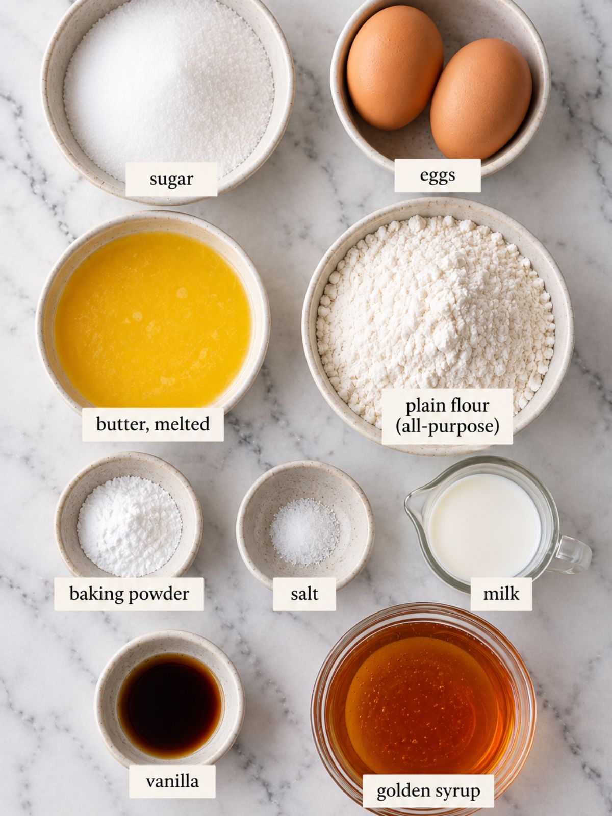 Ingredients in Steamed golden syrup pudding - bowls of sugar, melted butter, flour, baking powder, golden syrup and egg. 