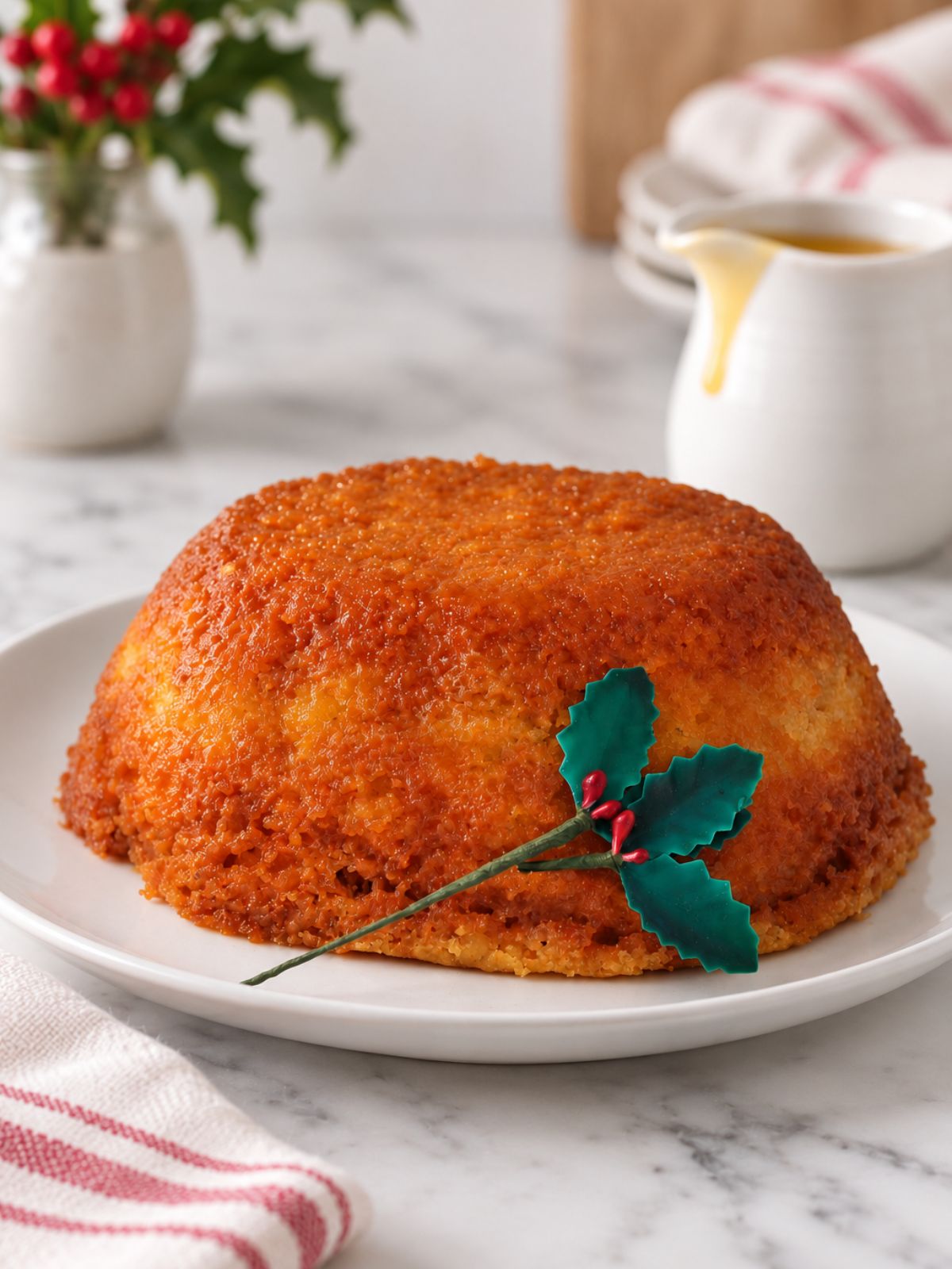 Steamed golden syrup pudding (no-fruit Christmas pudding recipe) on white plate on white marble bench.