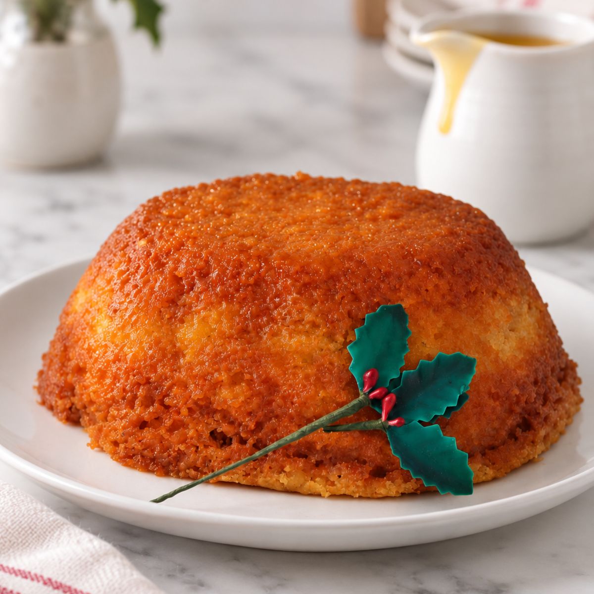 Steamed golden syrup pudding (no-fruit Christmas pudding recipe) with golden syrup.