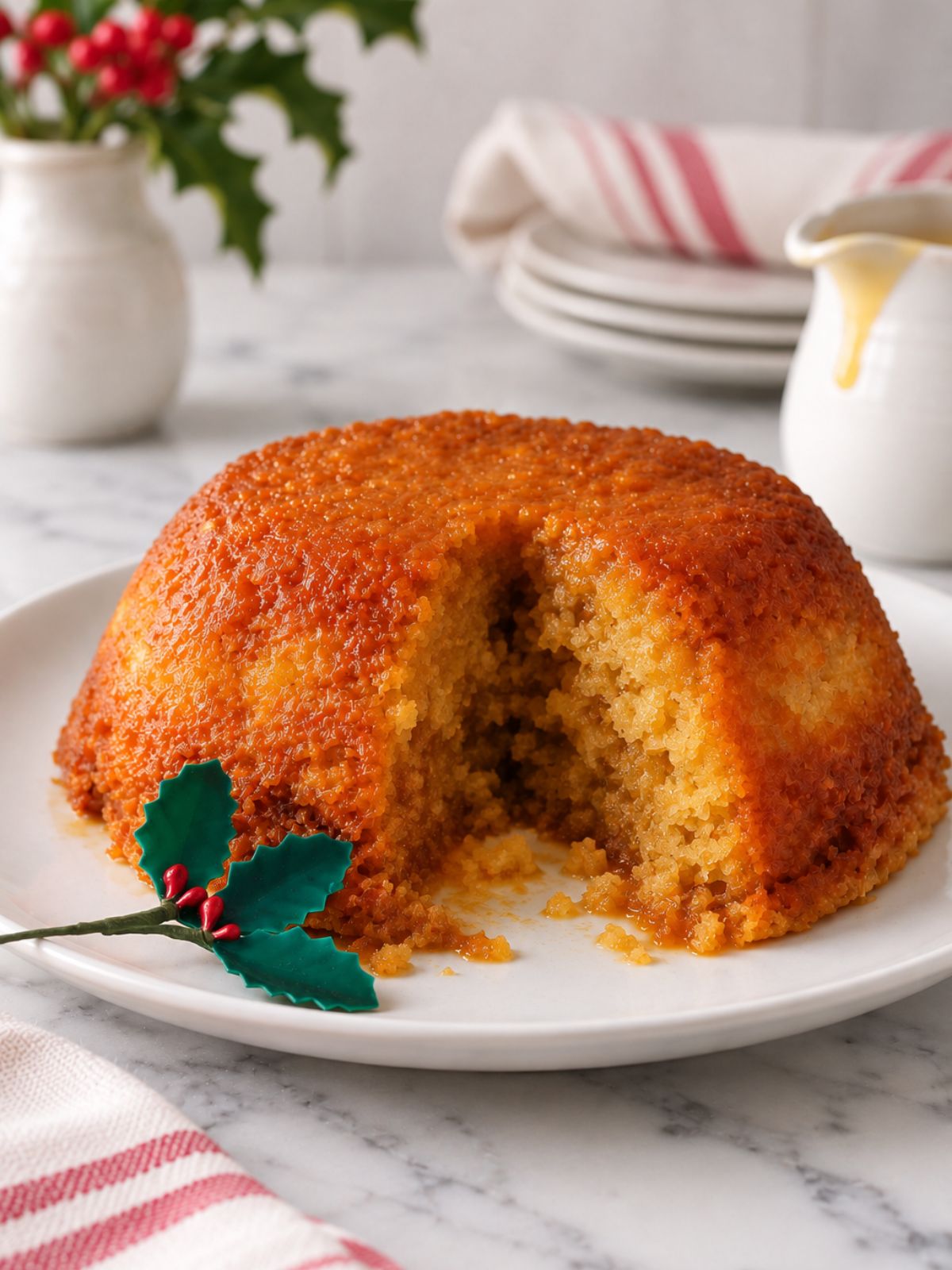 Steamed golden syrup pudding (no-fruit Christmas pudding recipe) with slice cut out on a white plate.