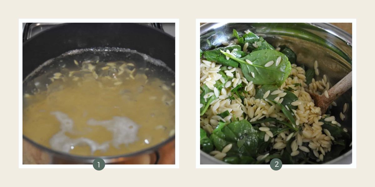 Orzo cooing in a saucepan and cooked orzo being mixed with spinach and beans in a bowl. 
