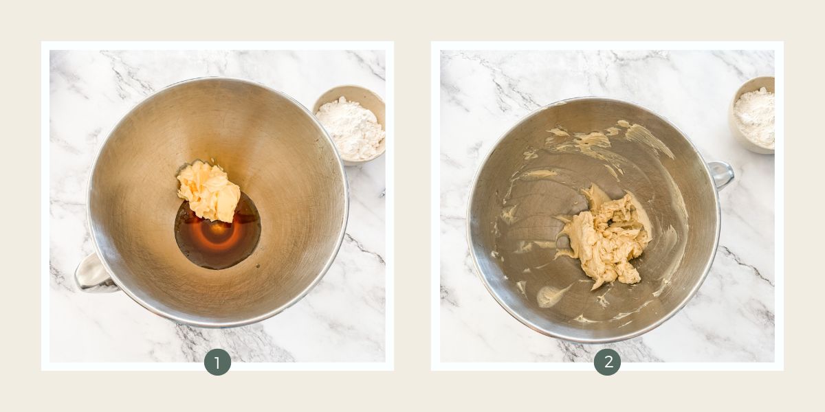 Butter and maple syrup in stainless steel mixing bowl separately and whipped together. 