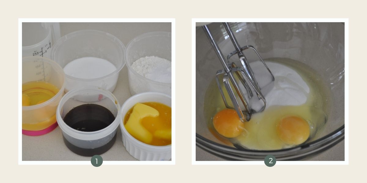Beating eggs and sugar in a glass bowl with electric mixer.