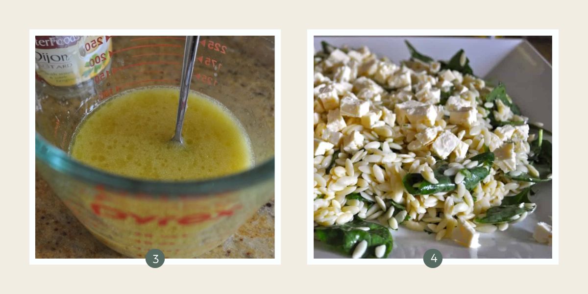 Mixing dressing for orzo salad in a measuring jug and mixing with salad ingredients on a white plate.