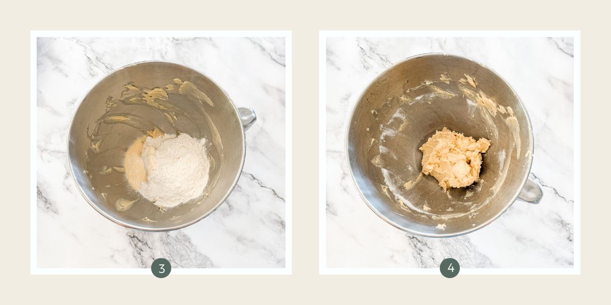 Whipped maple syrup & butter with flour on top and then mixed in a stainless steel mixing bowl. 