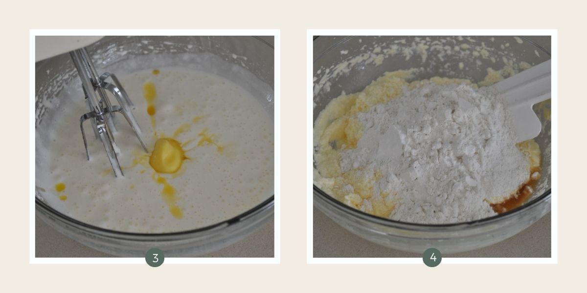 Mixing ingredients to make golden syrup pudding in a glass bowl.