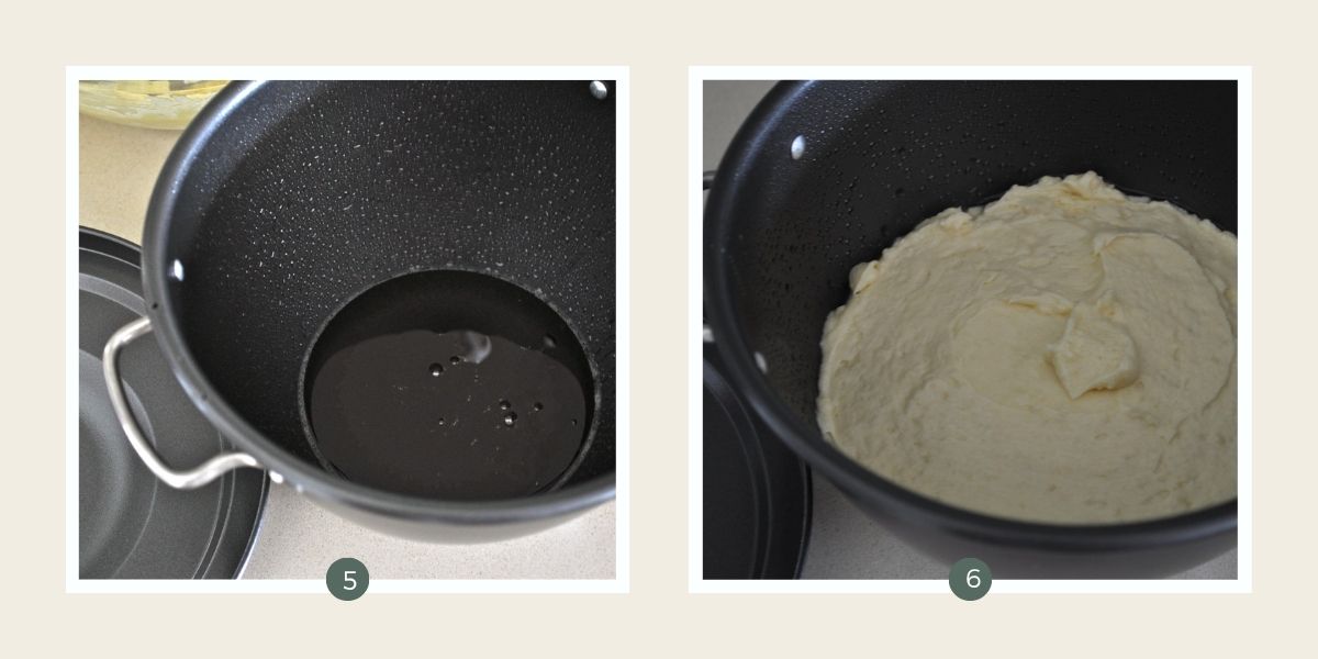 Greasing a pudding dish and dish with pudding batter to make golden syrup pudding.