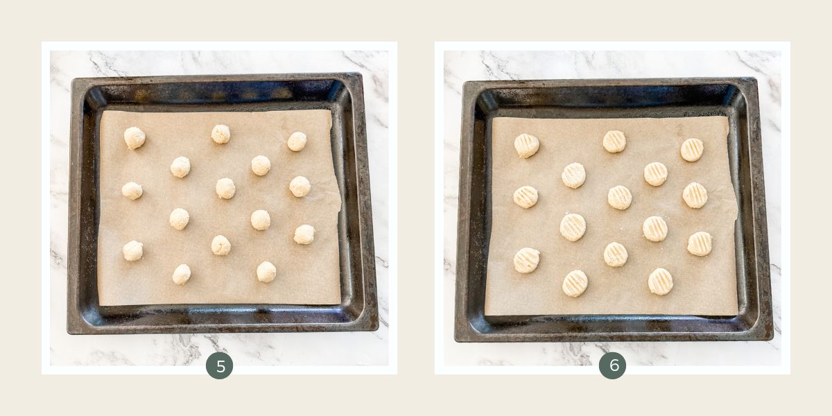 Maple butter biscuit dough in balls on a lined baking tray and then pressed with a fork. 