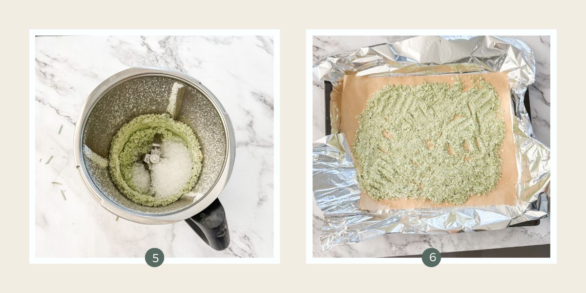 Lemon and rosemary salt in Thermomix bowl with added sea salt and then spread on a lined baking tray. 
