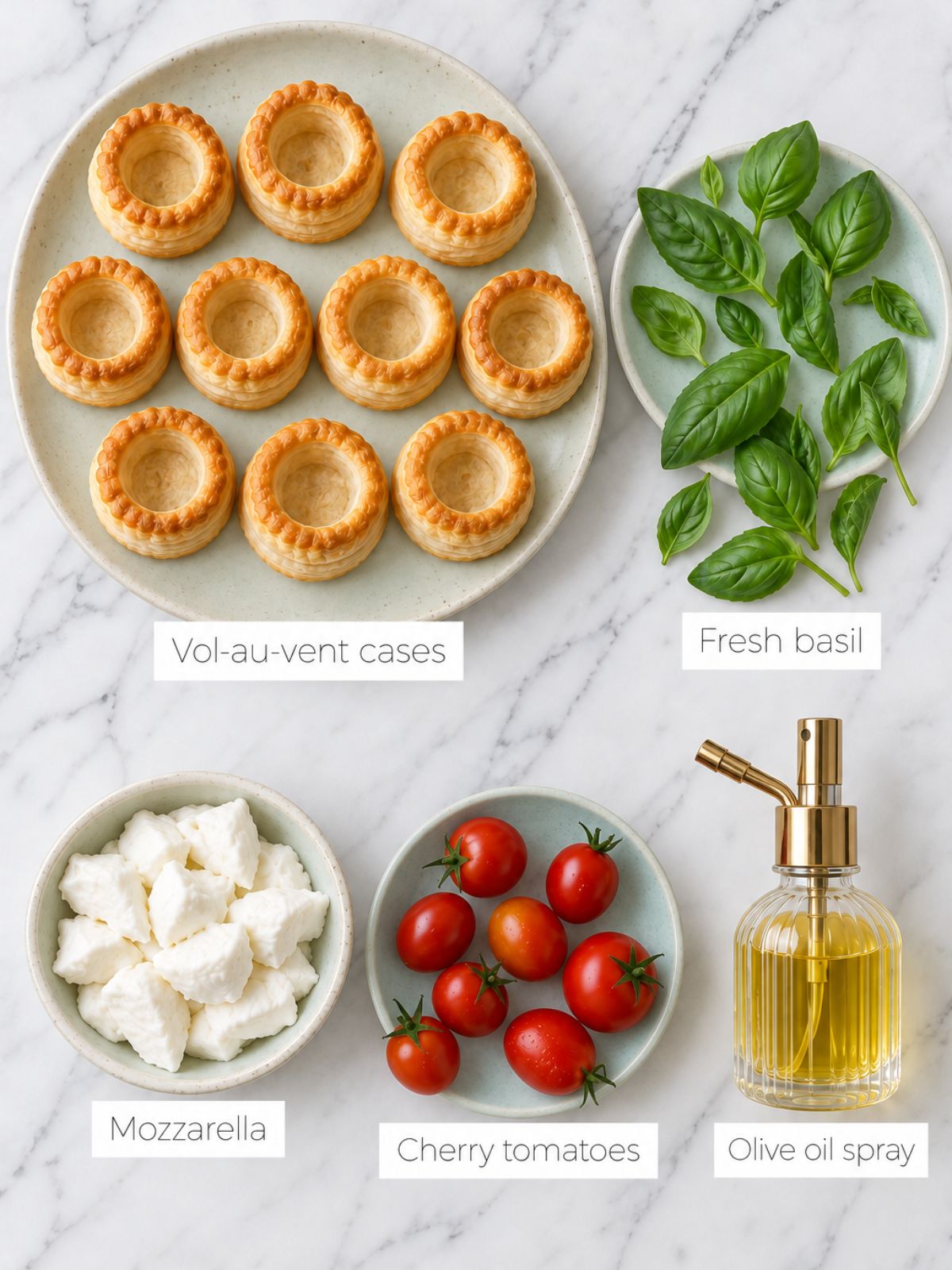 Plate of vol-au-vents, basil, cherry tomatoes and bowl of mozarella and spray bottle of olive oil on white marble bench.