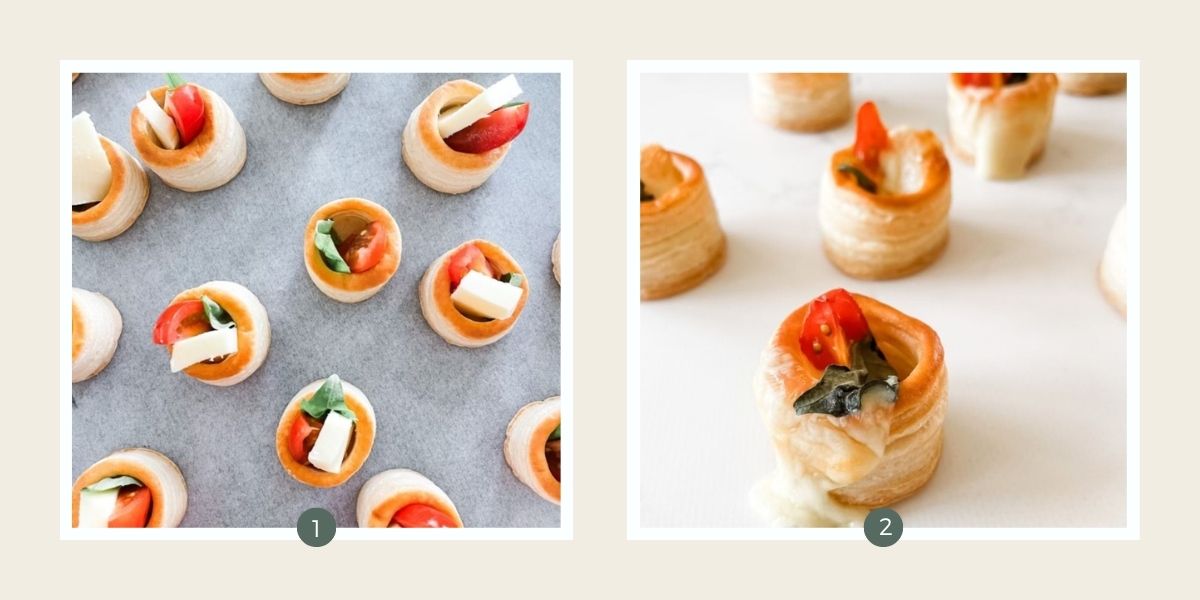 Vol-au-vent shells on lined baking tray filled with mozarella, basil and tomato for Christmas.