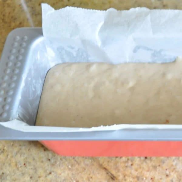 Best ever banana bread batter in lined tin ready for baking