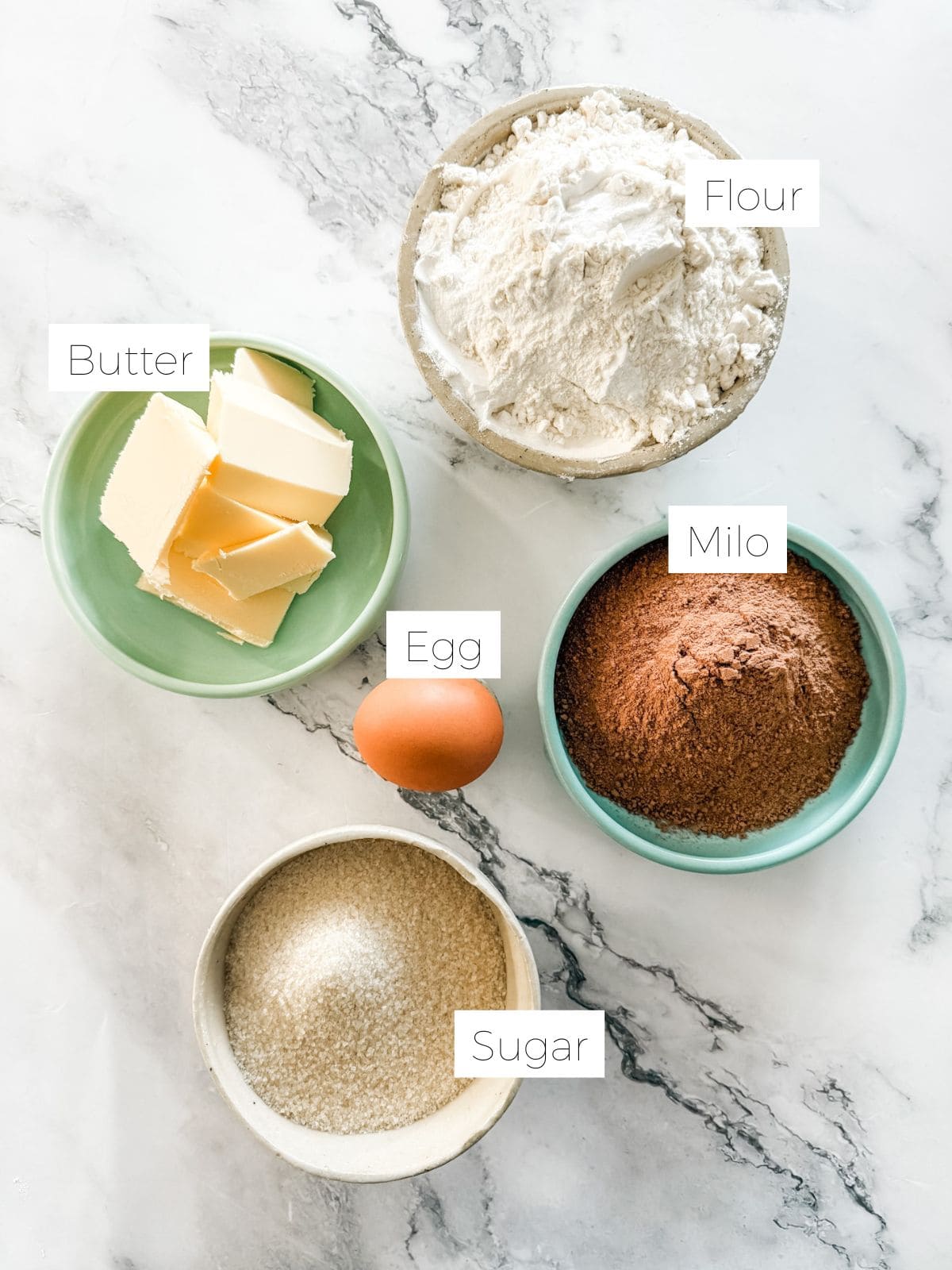 Ingredients for Milo Biscuits - bowl of butter flour, Milo & sugar and an egg. 
