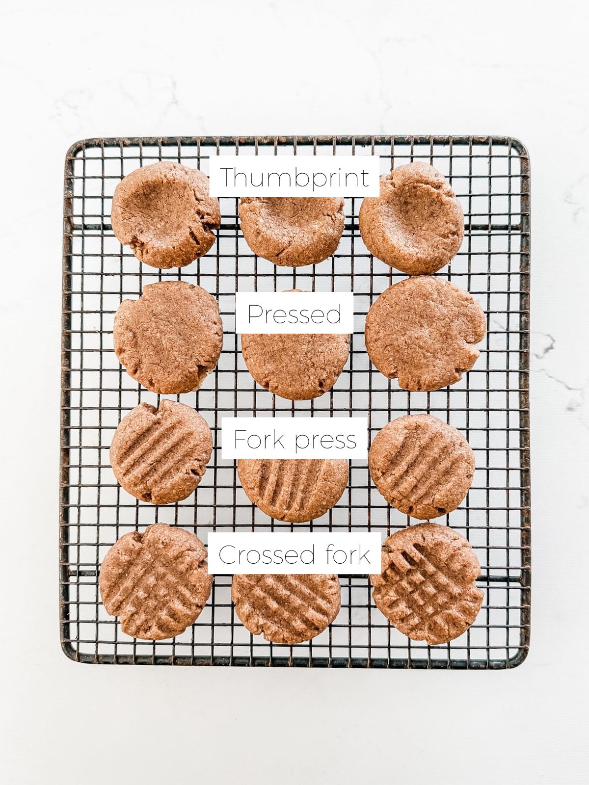 Milo biscuits with criss cross pattern, milo biscuits pressed with a fork and milo thumbprint biscuits. 