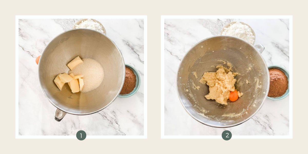 Butter and sugar in bowl of electric mixer to make Milo biscuits. 