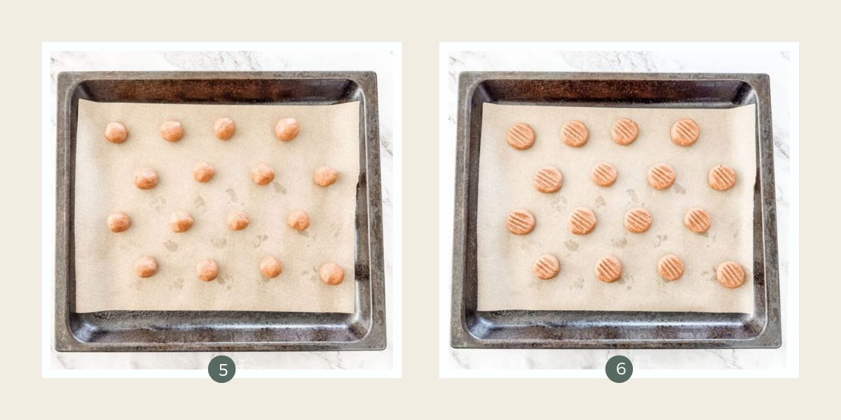 Balls of Milo biscuit dough on a lined baking tray and then pressed with a fork ready for baking. 