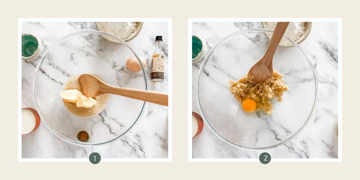Butter and sugar in a glass bowl with a wooden spoon. Next image adding egg and vanilla on white bench top.