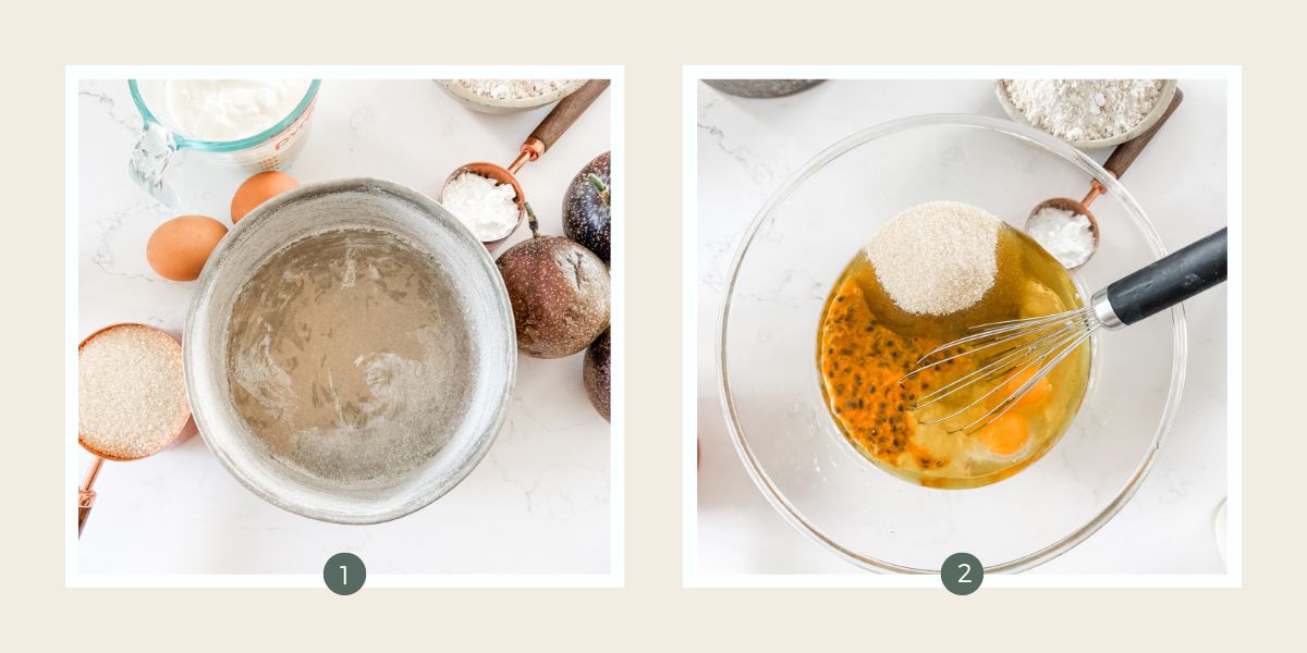 A greased, lined and floured white cake tin and large bowl with sugar, passionfruit, yoghurt and eggs being mixed to make passionfruit yoghurt cake. 