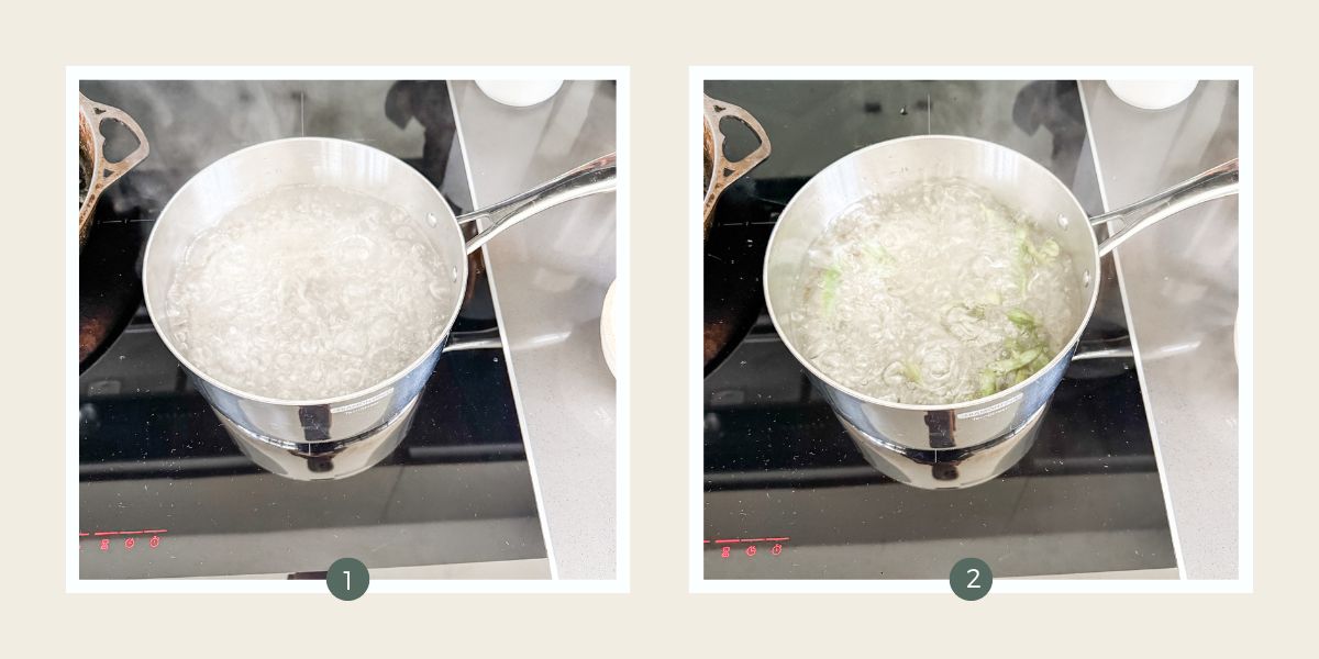 Water boiling in stainless steel pot on induction cook top and the same pot with frozen edamame beans in it. 