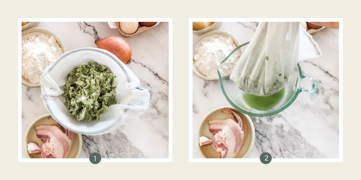 Chopping zucchini in a Thermomix and draining liquid in a nut bag. 