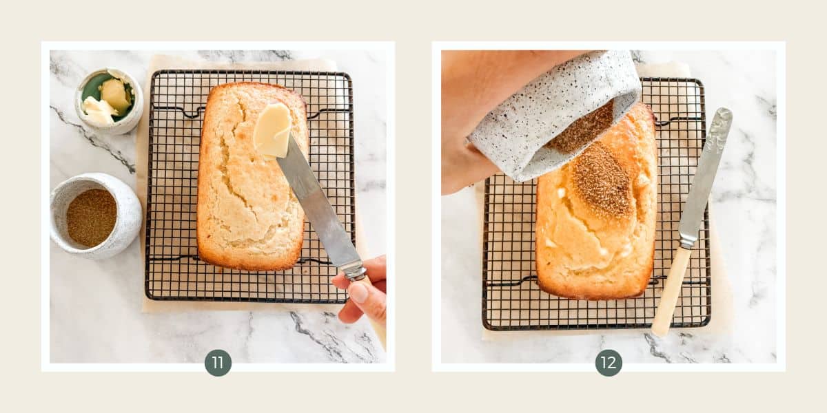 Buttering a loaf tea cake with a bone knife and sprinkling with cinnamon sugar.