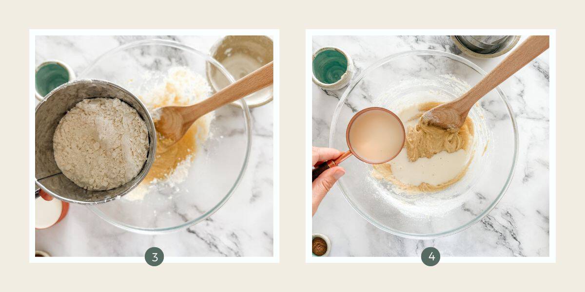 Sifting flour into tea cake batter in a glass bowl. Then adding milk. On white marble bench top.