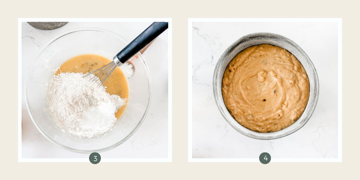 Mixing flour into wet ingredients for passionfruit yoghurt cake in a large glass bowl and round tin with the cake batter. 