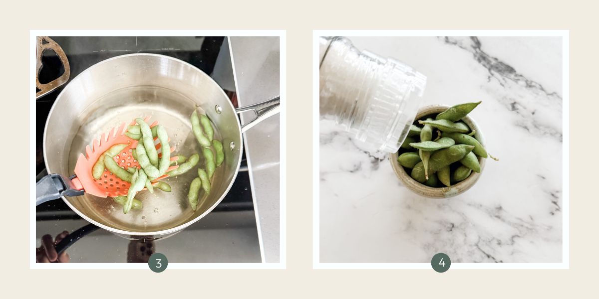 Stainless steel pot with water and edamame being lifted out with slotted spoon. Cooked edamame & salt in bowl. 