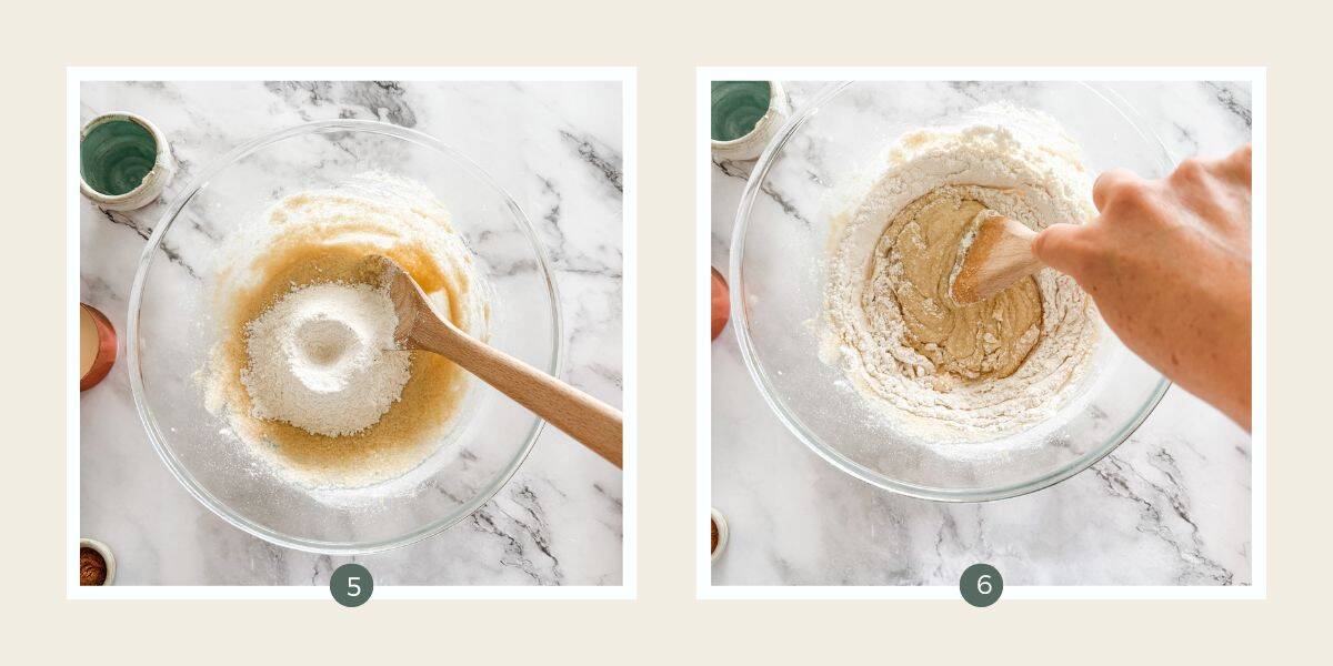 Flour on top of cake batter in a glass bowl on white marble. Next photo stirring it in.