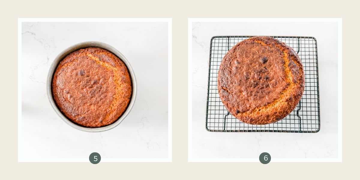 Cooked passionfruit yoghurt cake in round cake tin and on cooling rack.