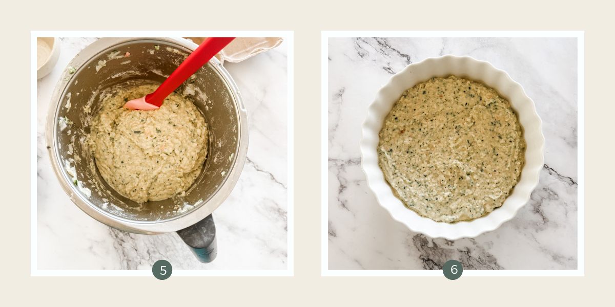 Making Zucchini And Bacon Slice - mixture in Thermomix and then in greased ceramic quiche dish. 