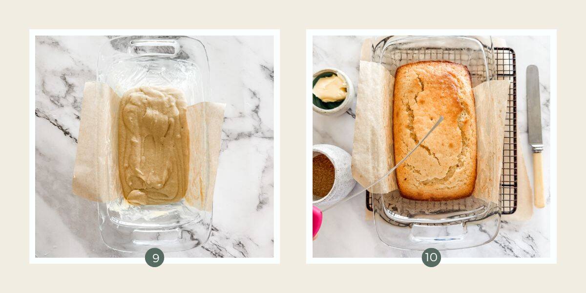 Cake batter in loaf tin. Cake batter baked and being tested for doneness with a cake tester.