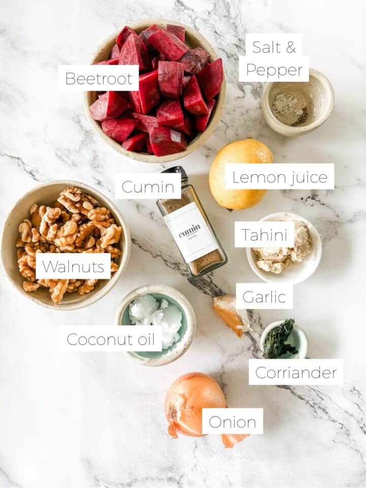 Ingredients for Beetroot dip with walnuts (easy recipe) - beetroot, walnuts, garlic, lemon, coconut oil, salt, pepper, cumin. 